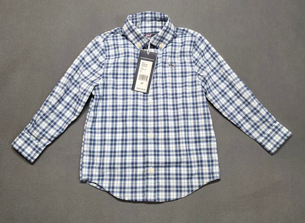Vineyard Vines Performance Whale Shirt Button-up Blue Plaid Stretch Wick 2T NWT